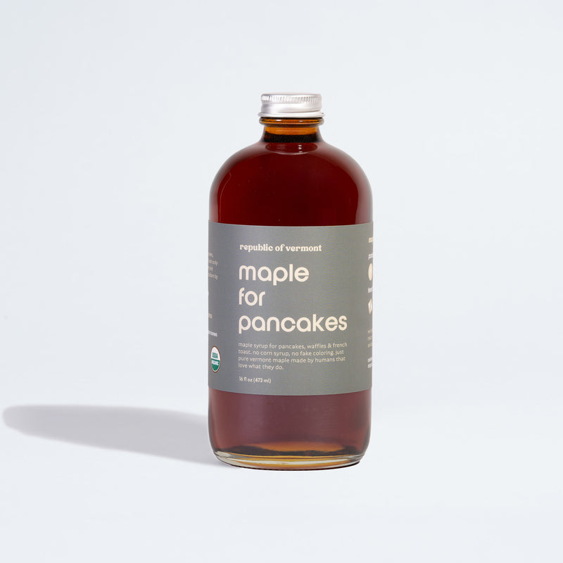 Bottle of Republic of Vermont maple syrup for pancakes, organic Grade A dark robust in a 16 oz glass bottle